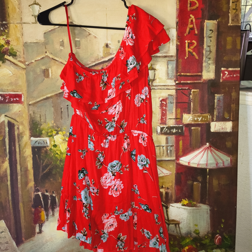 Red Floral One-Shoulder Dress